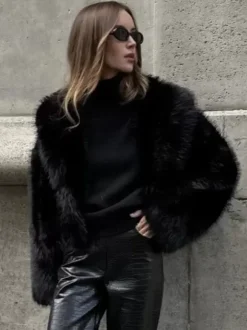 Faux Fur Coats Black Raised Waist Long Sleeves Faux Fur Jacket Winter Coat