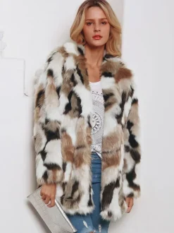 Faux Fur Coats Color Block Women Winter Eco-friendly Fur Coat 2026