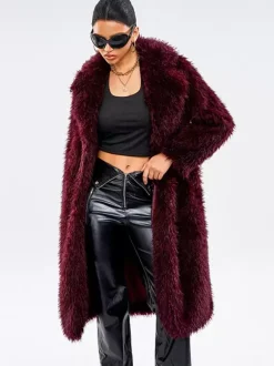 Faux Fur Coats In Burgundy Notched Lapel Winter Long Jacket For Women 2026