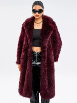 Faux Fur Coats In Burgundy Notched Lapel Winter Long Jacket For Women 2026