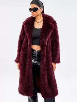 Faux Fur Coats In Burgundy Notched Lapel Winter Long Jacket For Women 2026