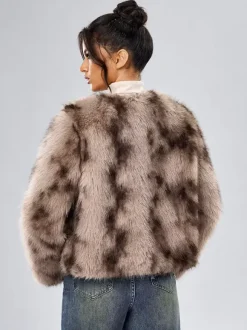 Faux Fur Coats Long Sleeves Casual Faux Fur Jacket Jewel Neck White Women Coat