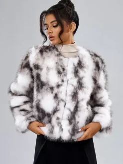 Faux Fur Coats Long Sleeves Casual Faux Fur Jacket Jewel Neck White Women Coat