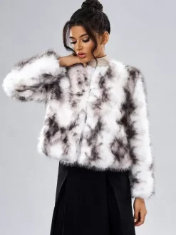 Faux Fur Coats Long Sleeves Casual Faux Fur Jacket Jewel Neck White Women Coat