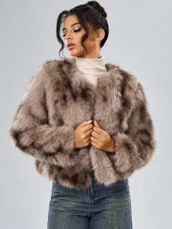 Faux Fur Coats Long Sleeves Casual Faux Fur Jacket Jewel Neck White Women Coat