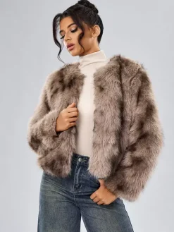 Faux Fur Coats Long Sleeves Casual Faux Fur Jacket Jewel Neck White Women Coat