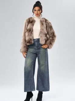 Faux Fur Coats Long Sleeves Casual Faux Fur Jacket Jewel Neck White Women Coat
