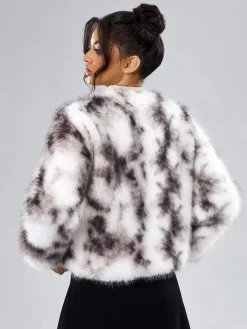 Faux Fur Coats Long Sleeves Casual Faux Fur Jacket Jewel Neck White Women Coat