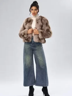 Faux Fur Coats Long Sleeves Casual Faux Fur Jacket Jewel Neck White Women Coat