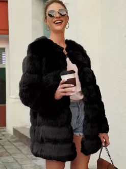 Faux Fur Coats Long Sleeves Chic Black Winter Coat