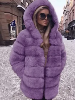 Faux Fur Coat With Hood Casual Winter Midi Jacket For Women 2026