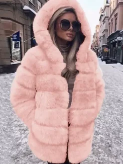 Faux Fur Coat With Hood Casual Winter Midi Jacket For Women 2026