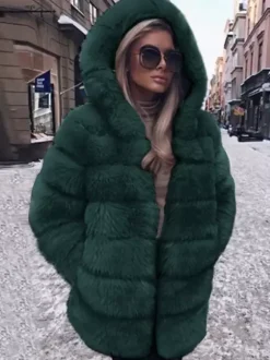 Faux Fur Coat With Hood Casual Winter Midi Jacket For Women 2026