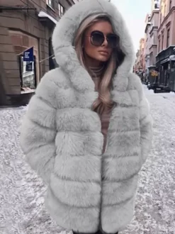 Faux Fur Coat With Hood Casual Winter Midi Jacket For Women 2026