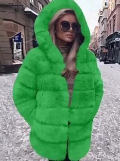 Faux Fur Coat With Hood Casual Winter Midi Jacket For Women 2026