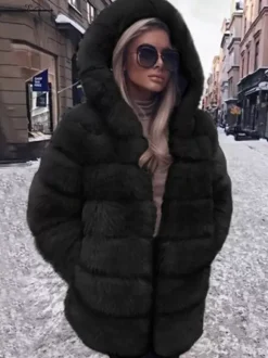 Faux Fur Coat With Hood Casual Winter Midi Jacket For Women 2026