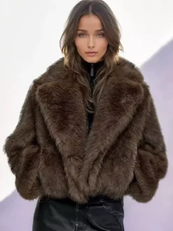 Faux Fur Jacket In Brown Notched Lapel Winter Outerwear For Women 2026