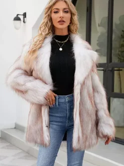 Faux Fur Jacket Notched Lapel Long Sleeves Eco-friendly Winter Coat For Women 2026