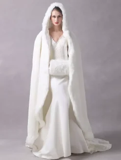 Faux Fur Jacket Wedding Long Bridal Cape Cloak Hooded Ivory Winter Wrap Coat