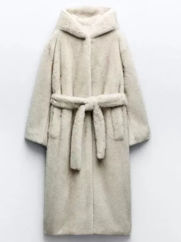 Faux Fur Long Coat With Hood Light Apricot Oversized Winter Outerwear For Women 2026