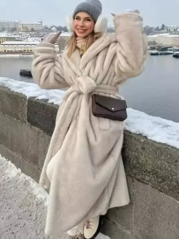 Faux Fur Long Coat With Hood Light Apricot Oversized Winter Outerwear For Women 2026
