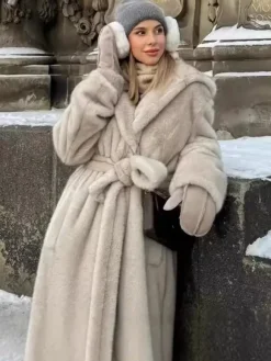 Faux Fur Long Coat With Hood Light Apricot Oversized Winter Outerwear For Women 2026