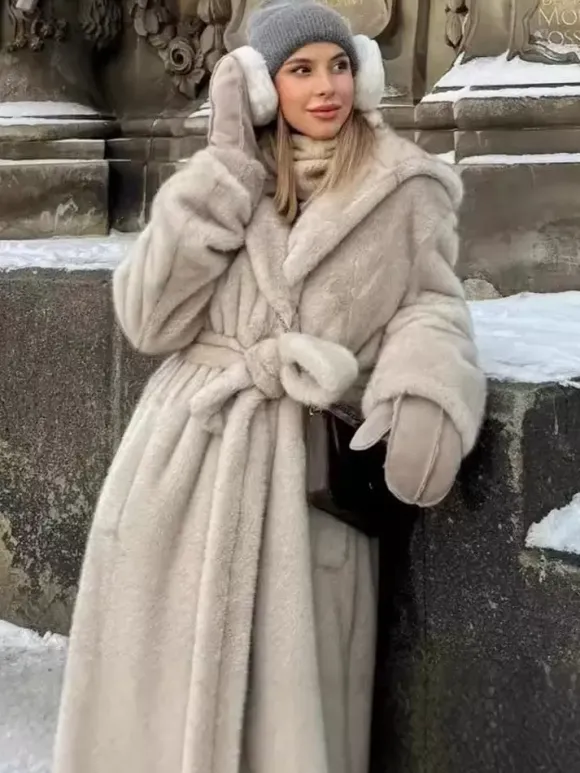 Faux Fur Long Coat With Hood Light Apricot Oversized Winter Outerwear For Women 2026