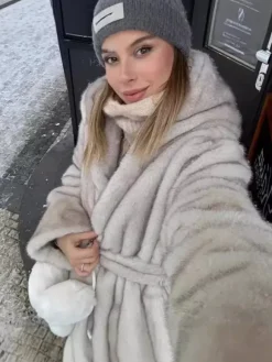 Faux Fur Long Coat With Hood Light Apricot Oversized Winter Outerwear For Women 2026