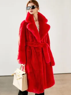 Faux Fur Long Coat Notched Lapel Belted Winter Eco-friendly Jacket For Women 2026