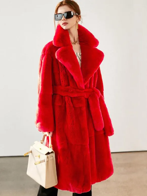 Faux Fur Long Coat Notched Lapel Belted Winter Eco-friendly Jacket For Women 2026