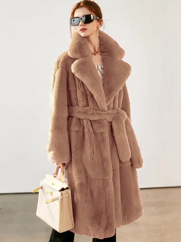 Faux Fur Long Coat Notched Lapel Belted Winter Eco-friendly Jacket For Women 2026