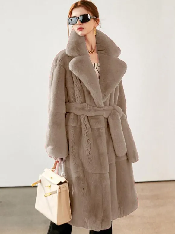 Faux Fur Long Coat Notched Lapel Belted Winter Eco-friendly Jacket For Women 2026