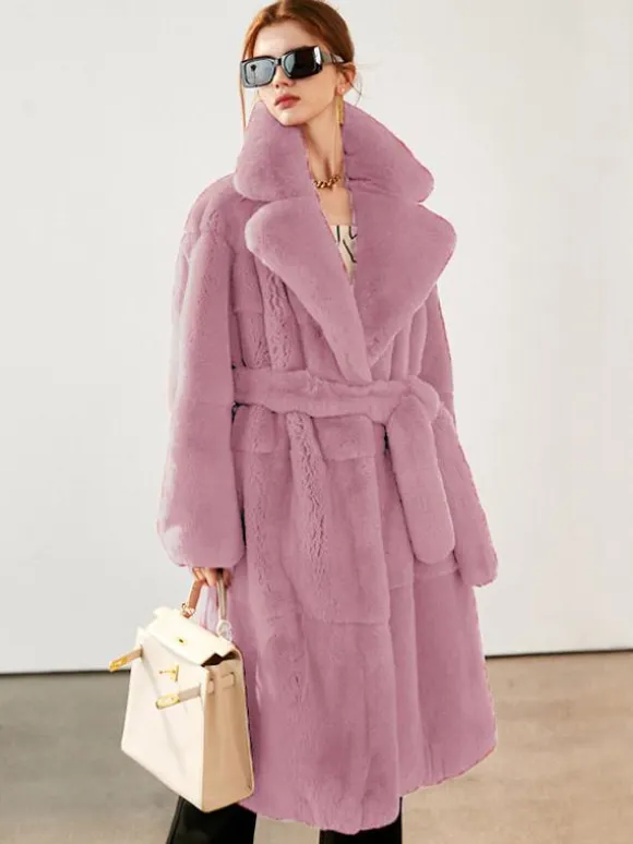 Faux Fur Long Coat Notched Lapel Belted Winter Eco-friendly Jacket For Women 2026