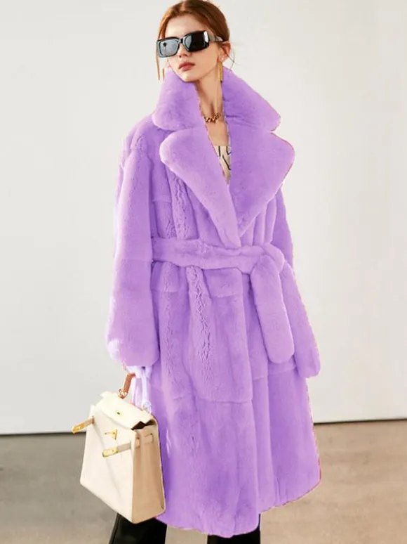 Faux Fur Long Coat Notched Lapel Belted Winter Eco-friendly Jacket For Women 2026