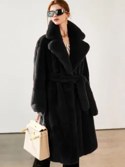 Faux Fur Long Coat Notched Lapel Belted Winter Eco-friendly Jacket For Women 2026