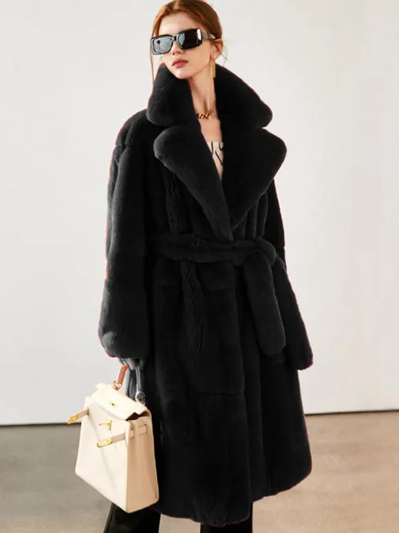 Faux Fur Long Coat Notched Lapel Belted Winter Eco-friendly Jacket For Women 2026