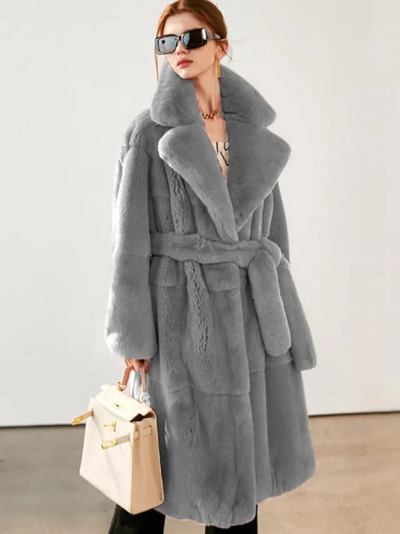 Faux Fur Long Coat Notched Lapel Belted Winter Eco-friendly Jacket For Women 2026