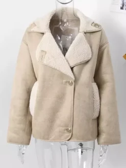 Faux Leather Jacket In Maillard Tones Faux Shearling Lapel Oversized Spring Outerwear For Women 2026