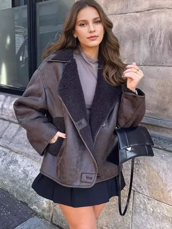 Faux Leather Jacket In Maillard Tones Faux Shearling Lapel Oversized Spring Outerwear For Women 2026