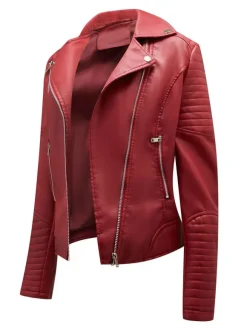 Faux Leather Moto Jacket Turndown Collar Yellow PU Relaxed Fit Spring Fall Biker Outerwear For Women