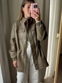 Faux Leather Safari Jacket For Women - Drawstring Waist High Neck Cargo Pocket Midi Coat - Spring Chic Streetwear 2026