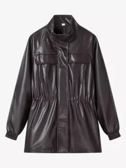 Faux Leather Safari Jacket For Women - Drawstring Waist High Neck Cargo Pocket Midi Coat - Spring Chic Streetwear 2026
