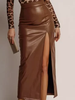 Faux Leather Skirt with Side Slit High-Waisted Solid Color PU Chic Midi Skirt For Women 2026