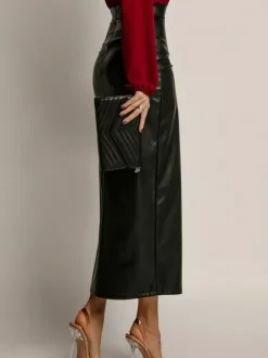 Faux Leather Skirt with Side Slit High-Waisted Solid Color PU Chic Midi Skirt For Women 2026