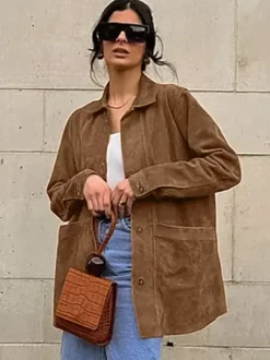 Faux Suede Tan Women's Shirt Jacket - Retro Utility Cargo Pocket Oversized Top - Casual Spring Streetwear 2026