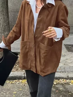 Faux Suede Tan Women's Shirt Jacket - Retro Utility Cargo Pocket Oversized Top - Casual Spring Streetwear 2026