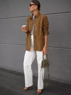 Faux Suede Tan Women's Shirt Jacket - Retro Utility Cargo Pocket Oversized Top - Casual Spring Streetwear 2026