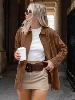 Faux Suede Tan Women's Shirt Jacket - Retro Utility Cargo Pocket Oversized Top - Casual Spring Streetwear 2026
