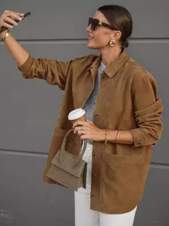 Faux Suede Tan Women's Shirt Jacket - Retro Utility Cargo Pocket Oversized Top - Casual Spring Streetwear 2026