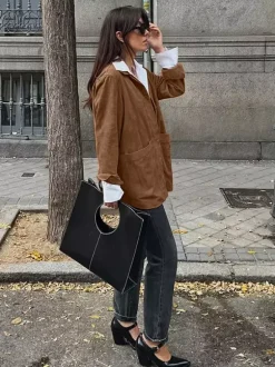 Faux Suede Tan Women's Shirt Jacket - Retro Utility Cargo Pocket Oversized Top - Casual Spring Streetwear 2026